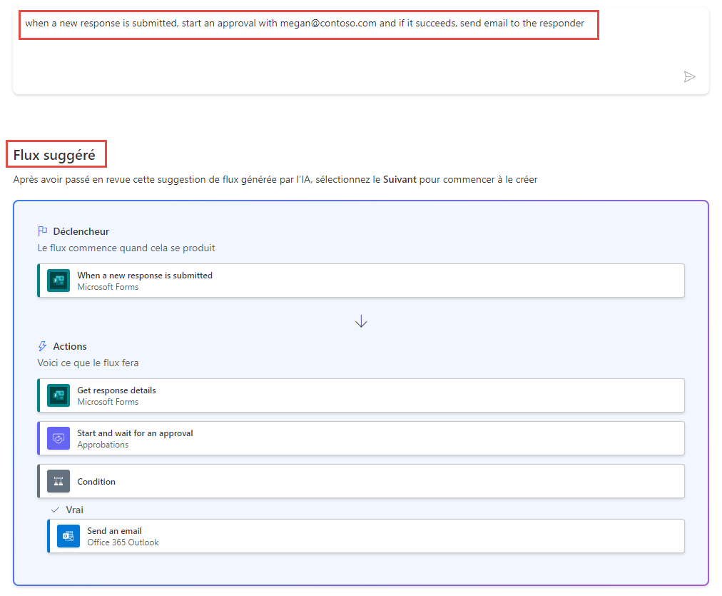 Capture d’écran d’un flux pour démarrer une demande d’approbation avec Copilot.