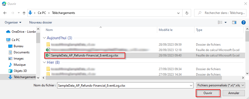 Capture d’écran de l’exemple de fichier de données téléchargé.