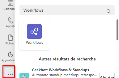 Capture d’écran de la recherche de l’application Workflows dans Teams.