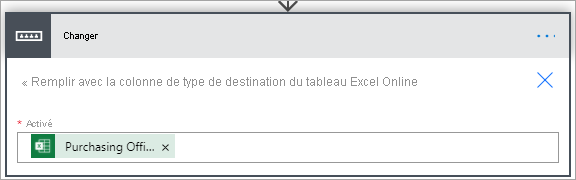 Screenshot that shows the Switch section where you populate the On box with the column in your Excel Online table.