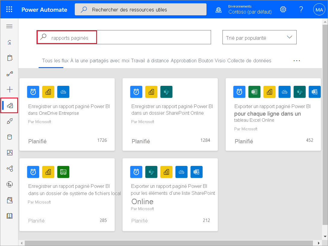 Screenshot of Power Automate templates for Power BI paginated reports.