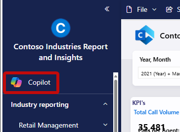 Capture d’écran de Copilot associé à l’application dans la barre de navigation de l'application.