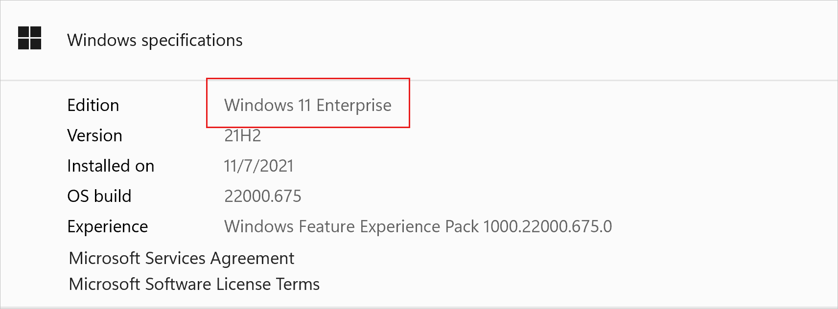 Screenshot of Windows specifications window.