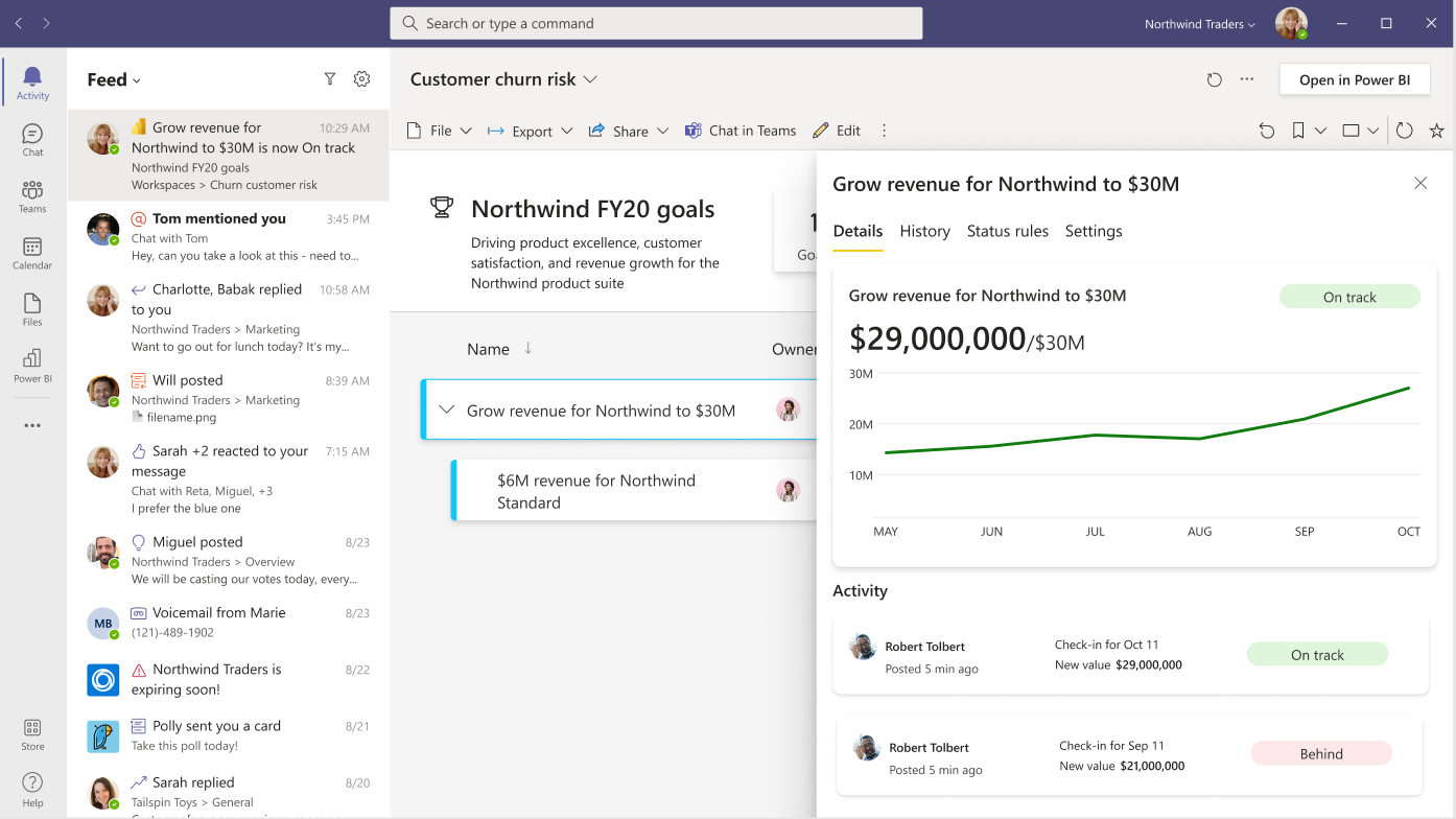 Screenshot showing Get Power BI metrics status update notifications in Microsoft Teams activity feed.