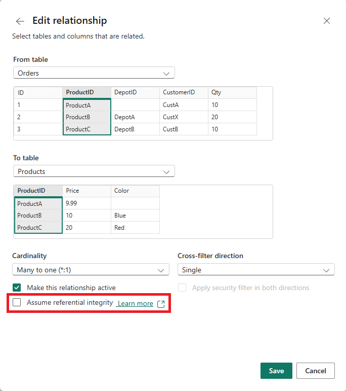 Capture d’écran d’une boîte de dialogue Modifier la relation pour sélectionner Présumer intégrité référentielle.