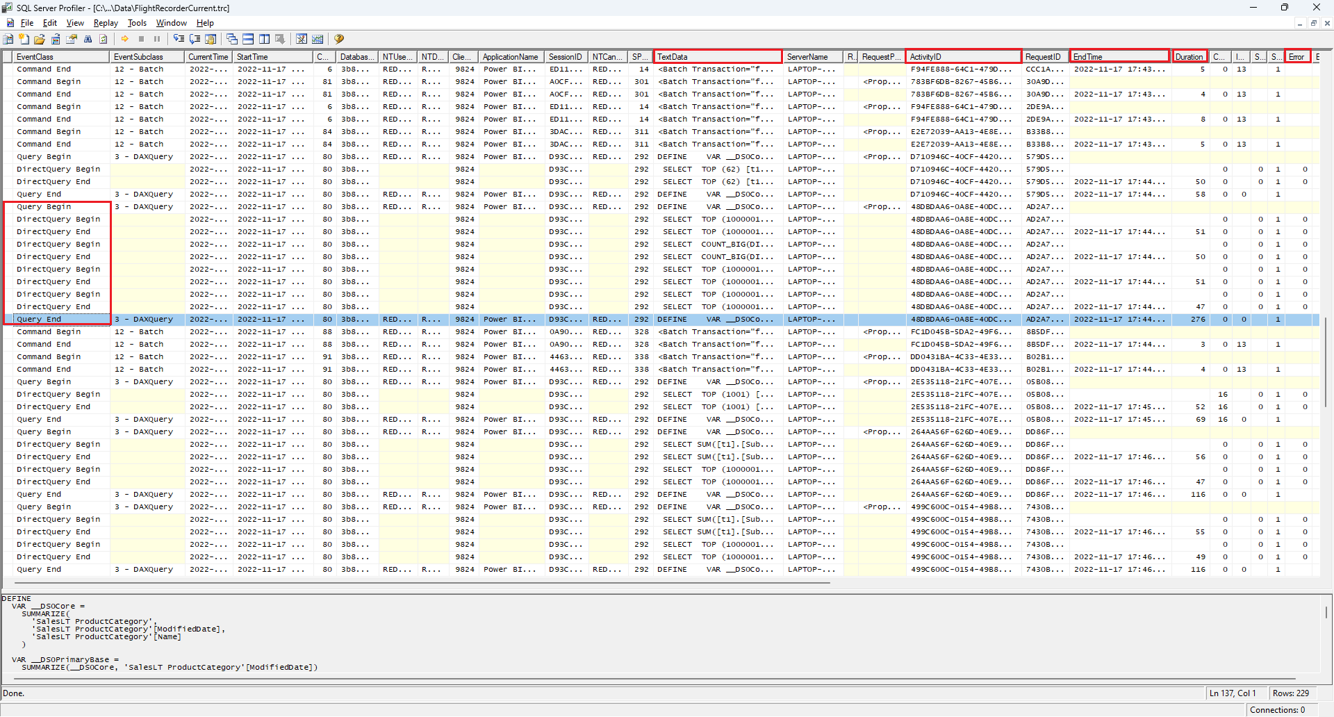 Screenshot of SQL Server Profiler with Query Begin and Query End events.