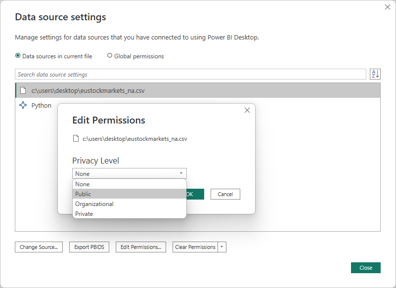 Screenshot of the Data source settings dialog, showing the Privacy Level is set to Public.