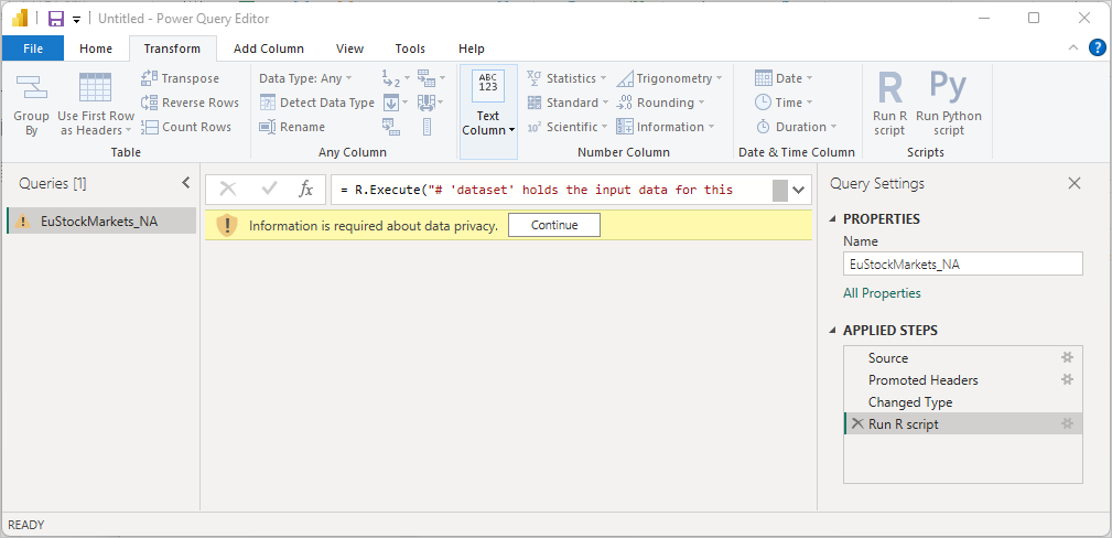Screenshot shows data privacy warning with a Continue option.