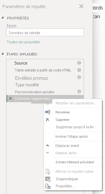 Screenshot of Power Query Editor's Applied Steps context menu.