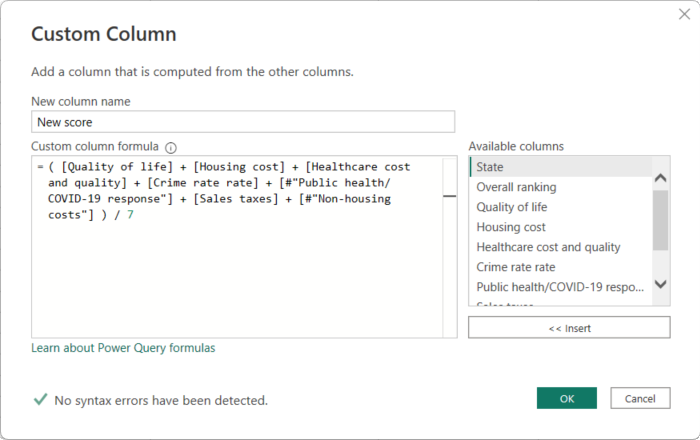 Screenshot of Power Query Editor's Custom Column dialog with formula errors fixed.