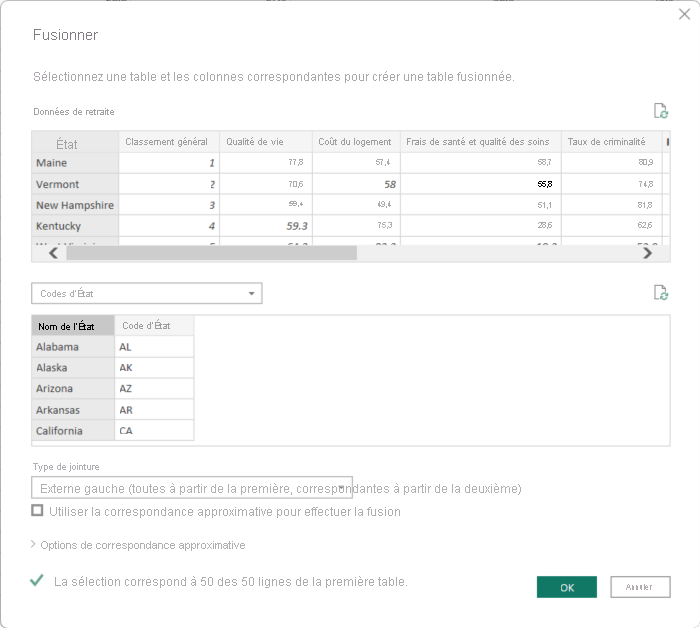 Screenshot of Power Query Editor's Merge dialog.