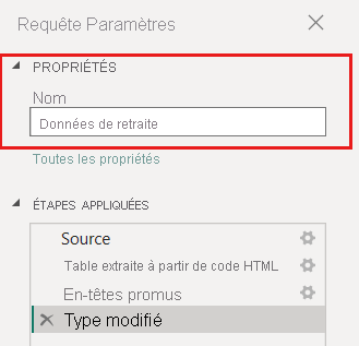 Screenshot of Power Query Editor showing how to edit a table name in Query Settings.