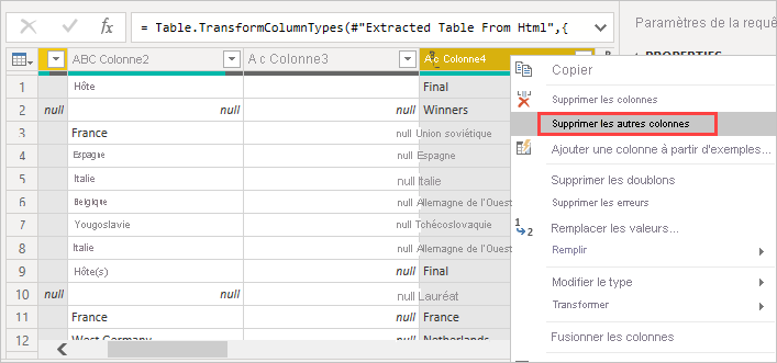 Screenshot shows columns highlighted with Remove Other Columns selected in the context menu.