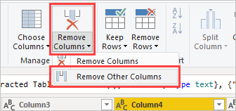 Screenshot shows columns highlighted with Remove Other Columns selected in the ribbon.