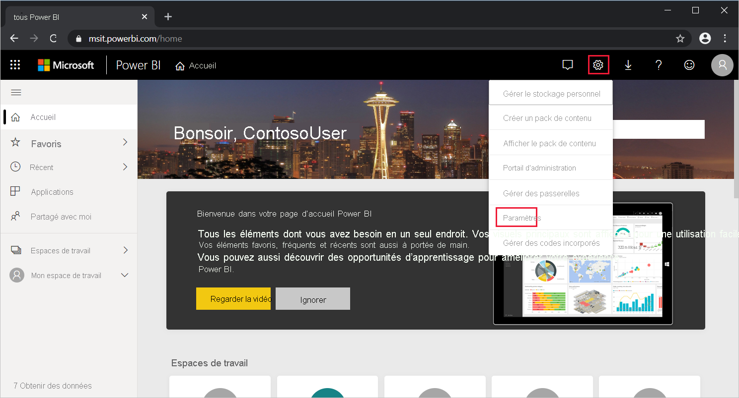 Capture d’écran du menu déroulant Paramètres du service Power BI.
