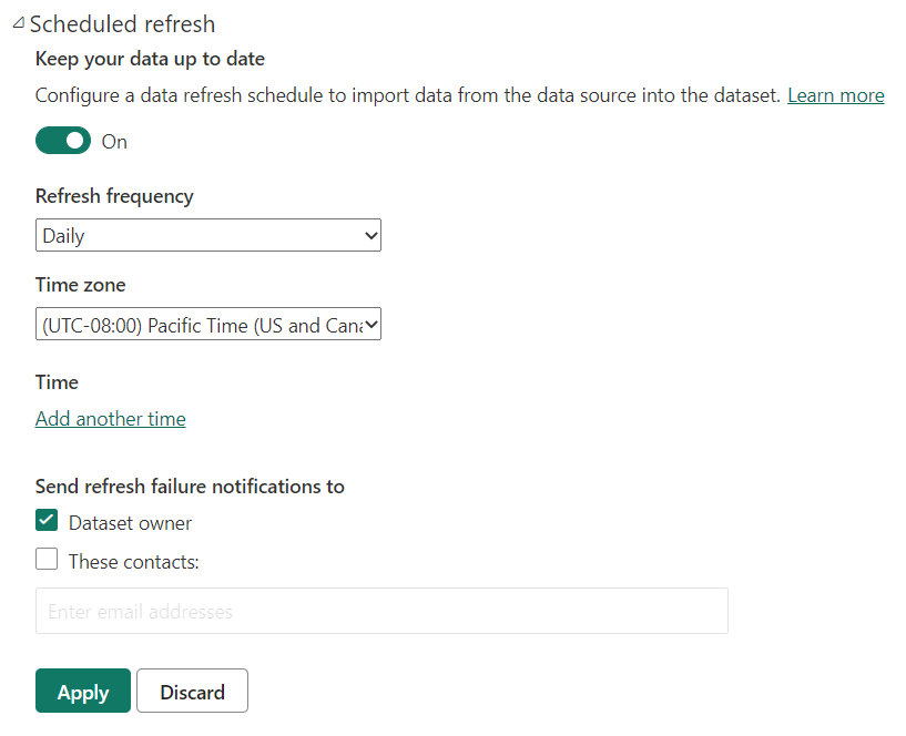 Screenshot of Power BI service's Scheduled refresh dialog.