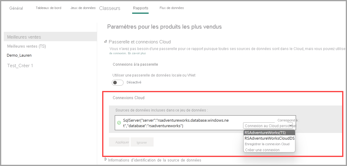 Capture d’écran du mappage d’une connexion de données pour des rapports paginés.