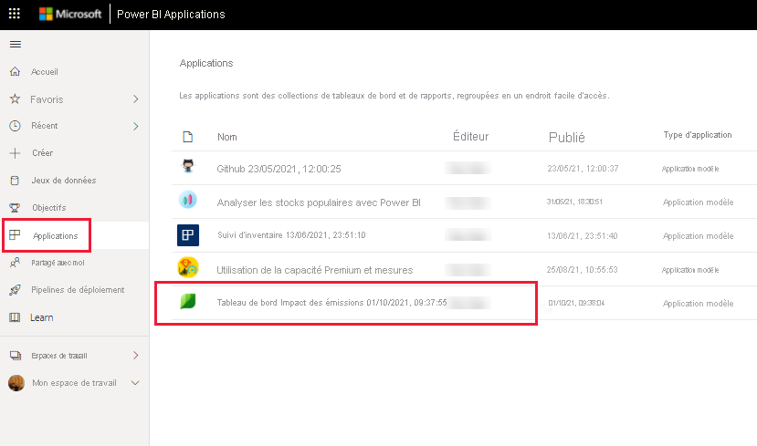 Capture d’écran de l’application installée sur la page des applications.