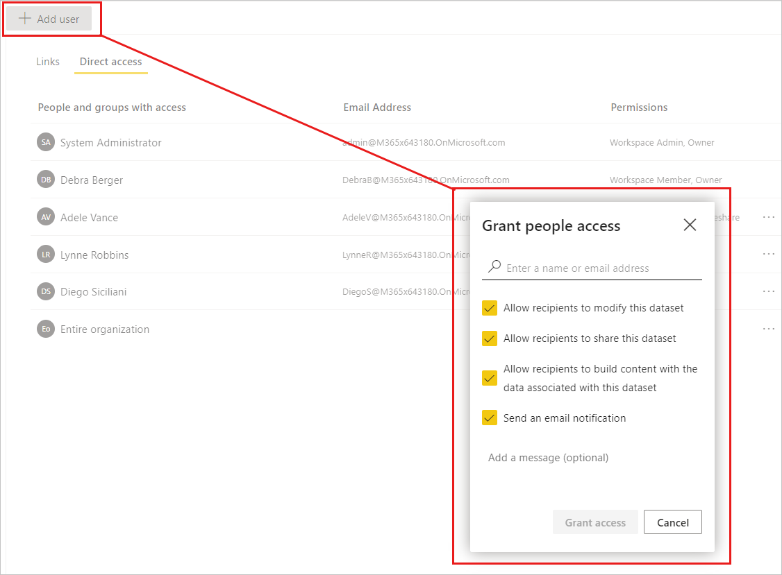 Screenshot of granting access permissions from the direct access tab on the semantic model manage permissions page.