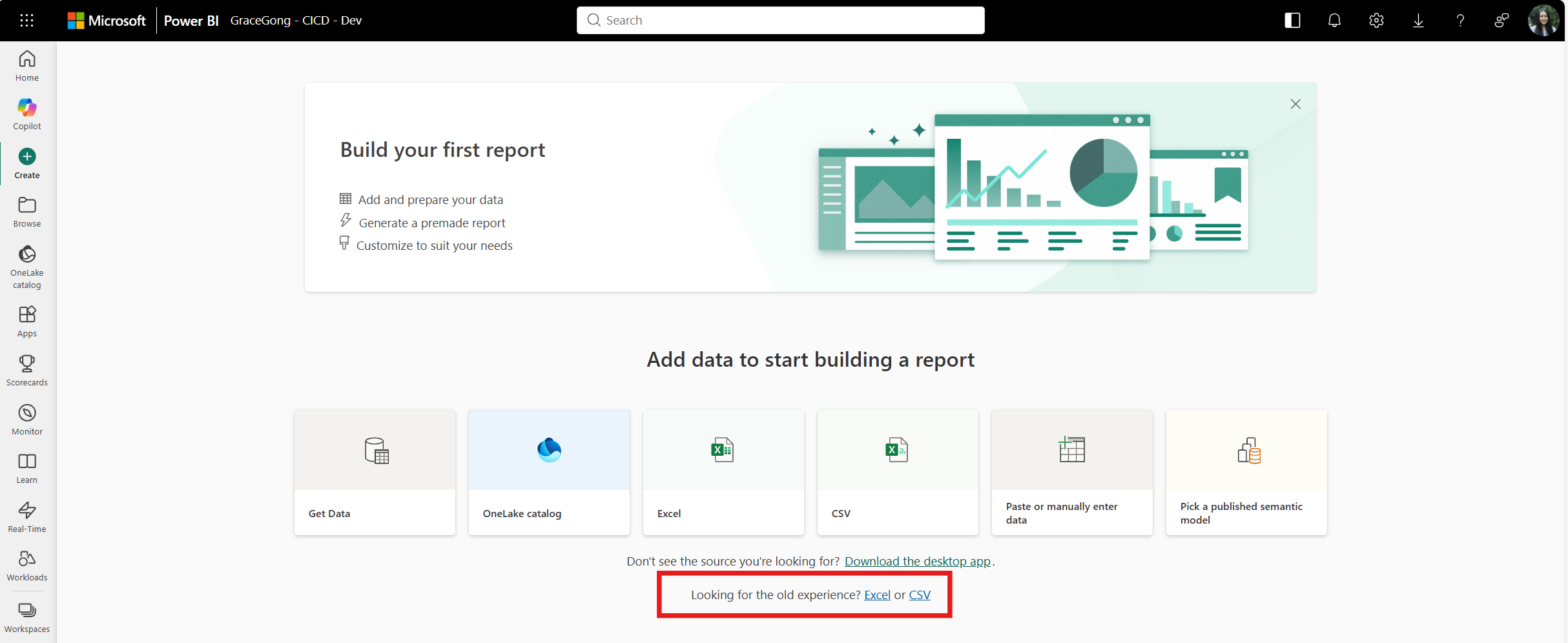 Capture d'écran qui montre l’ancienne interface d’importation Excel et CSV dans Power BI Service qui sera dépréciée.