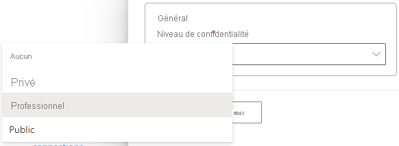 Capture d’écran des sélections du niveau de confidentialité pour les sources de données.