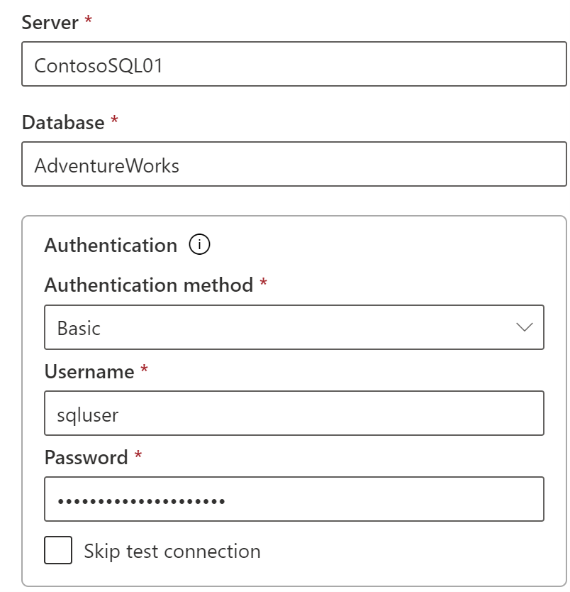 Capture d’écran des informations d’identification pour la source de données SQL.