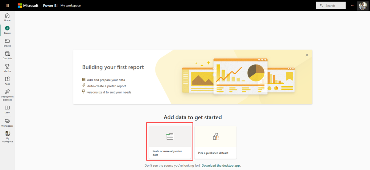 Capture d’écran du service Power BI ouvert et de l’option Coller ou entrer manuellement des données sélectionnée.