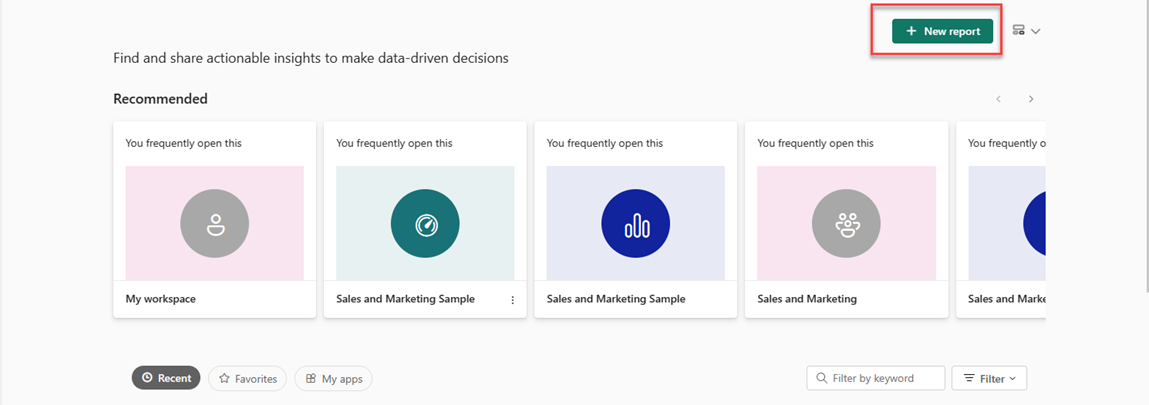 Capture d’écran du service Power BI ouvert et du bouton Nouveau rapport sélectionné.