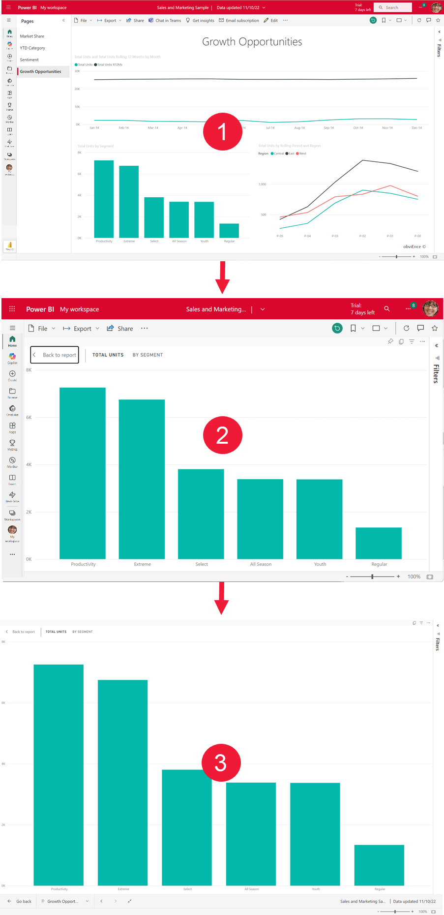 Captures d’écran individuelles d’une vue Rapport, du mode Focus et du mode plein écran.