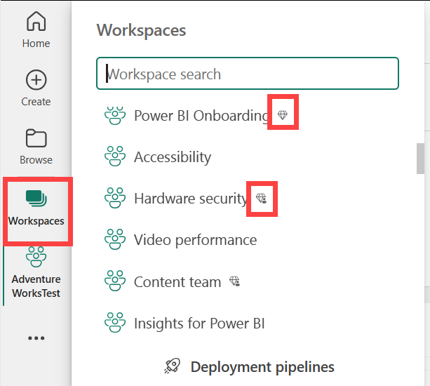 Capture d’écran des espaces de travail, dont certains sont dotés d’icônes en forme de diamant.