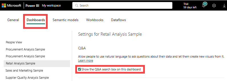 Screenshot of Settings Dashboards enabling Q&A settings for dashboard.