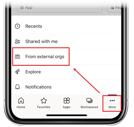 Capture d’écran montrant la sélection de l’option From external orgs dans le menu Autres options.