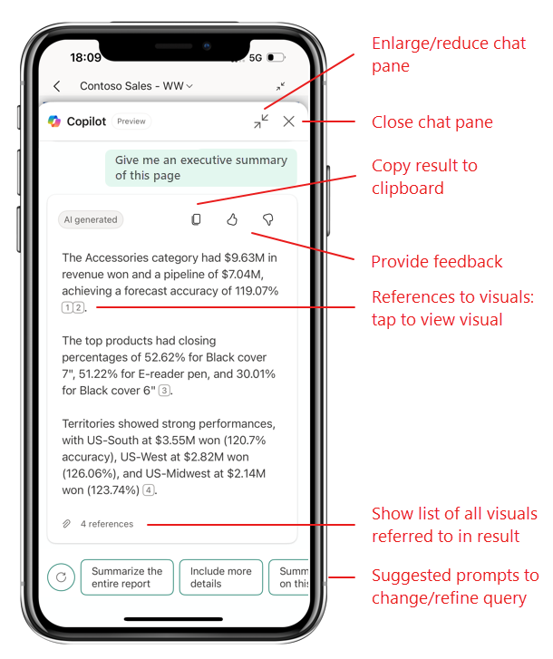 Capture d’écran des fonctionnalités du volet de conversation Copilot dans Power BI Mobile.