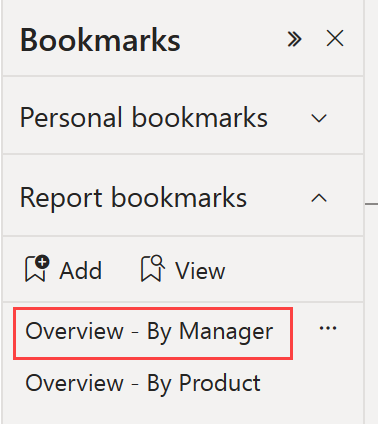 Screenshot of Bookmarks pane with one report bookmark outlined in red.