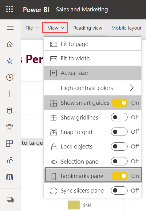 Screenshot showing how to turn on the Bookmarks pane in the Power BI service.