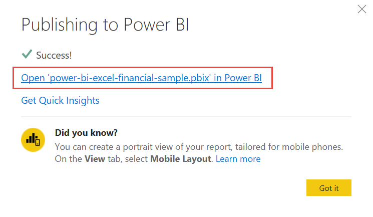 Capture d’écran de l’ouverture de votre rapport dans le service Power BI.