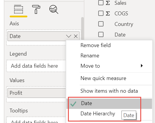 Capture d’écran du remplacement de Hiérarchie de dates par Date.