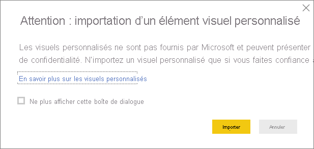 Screenshot showing the warning when importing a custom visual into Power B I Desktop.