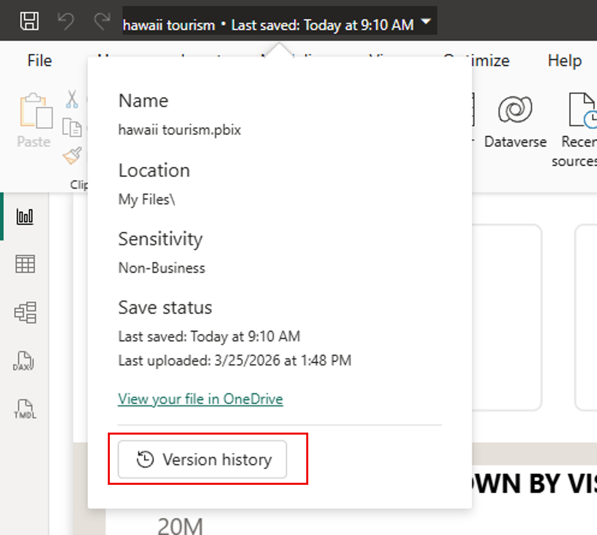 Capture d’écran de l’historique des versions dans OneDrive et SharePoint dans Power BI Desktop.