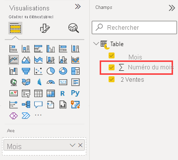 Screenshot of the Visualizations and Fields panes in the Power BI service. In the Fields pane, the Month Number field is highlighted.