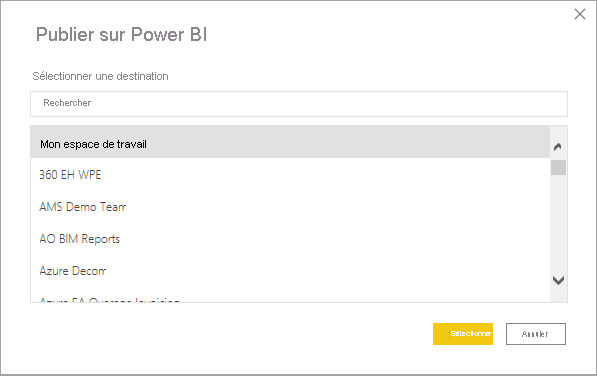 Capture d’écran de la boîte de dialogue Publier sur Power BI.