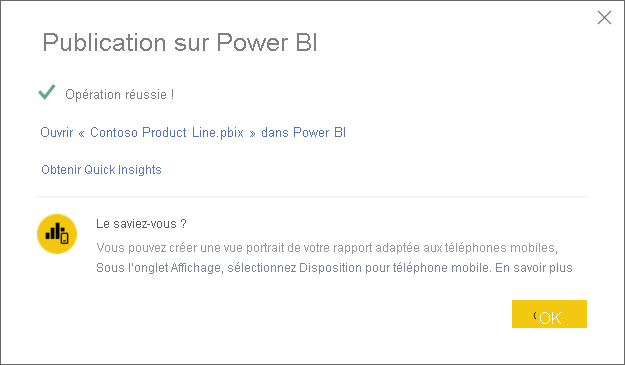 Capture d’écran de la boîte de dialogue indiquant que la publication sur Power BI a réussi.