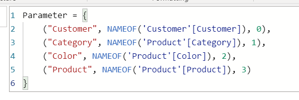 Capture d’écran d’exemples de paramètres DAX entrés sur Power BI.