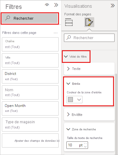 Screenshot of the Filters pane, highlighting the option to format the search box.