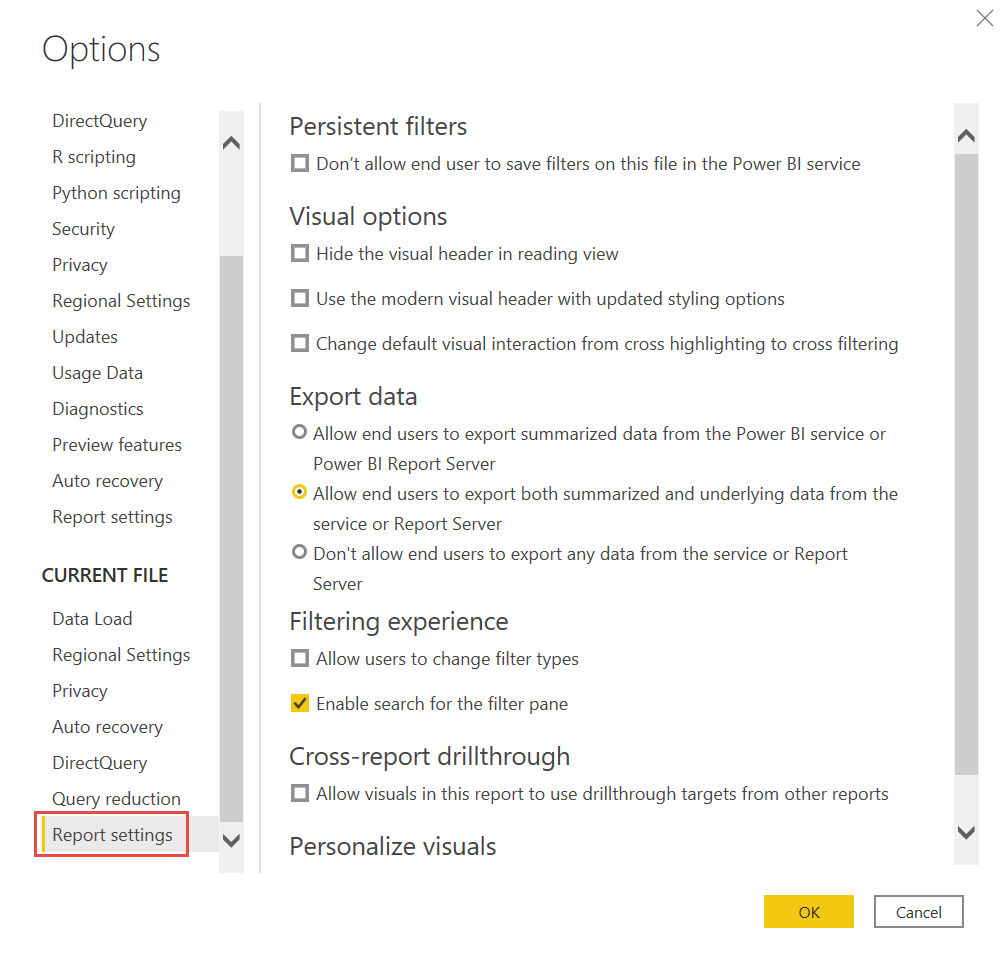 Screenshot of report Settings pane in Power BI Desktop.