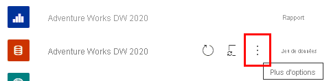 Capture d’écran de la vue du contenu de l’espace de travail Power BI avec le bouton « Autres options » en évidence sur un modèle sémantique.