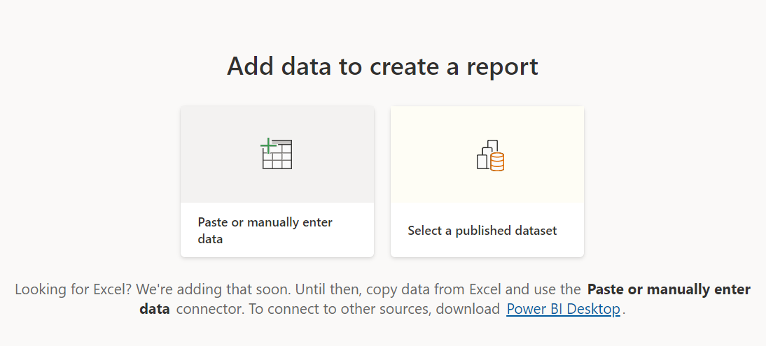 Screenshot of the Add data to create a report options.