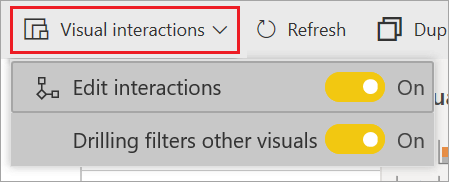 Screenshot of Power BI service, highlighting the Visual interactions dropdown.