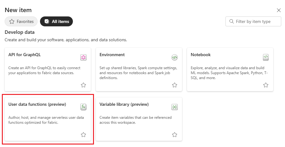 Capture d’écran montrant la vignette fonctions de données utilisateur dans le menu nouvel élément.