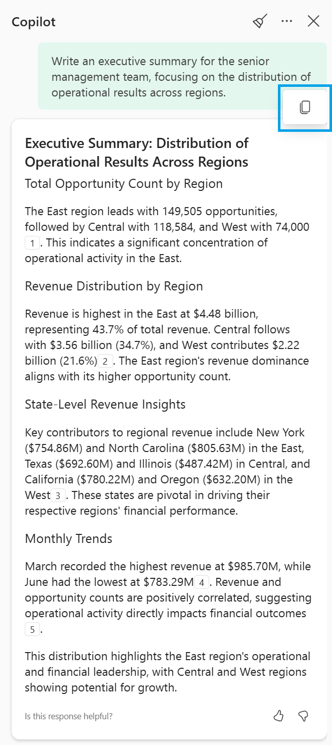 Capture d’écran d’une réponse et d’un Copilot résumé.